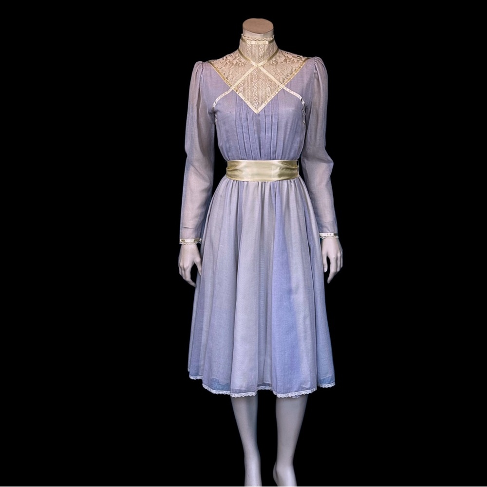 PERIWINKLE Blue Gunne Sax High Neck Gauze PRAIRIE Dress XS S